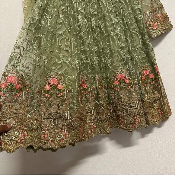 Sage Green and Gold Three-Piece Salwar Kameez | Floral Embroidered  Size Large - Picture 8 of 11